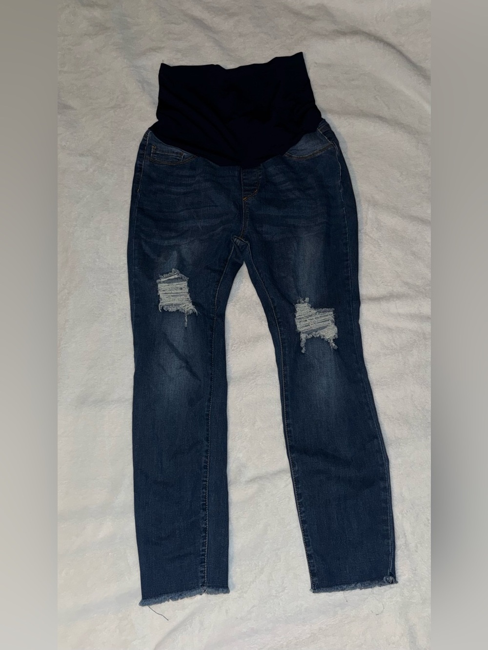 Maternity Dark Blue Distressed Ankle Jeans with dark blue Support Panel